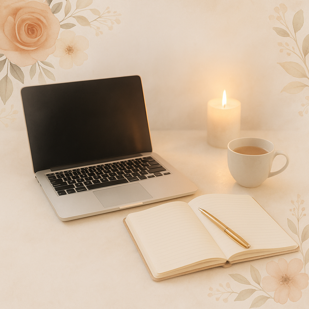Contact Neemasdigital image Contact NeemasDigital – peaceful workspace with laptop, journal, and candle for a soft healing vibe