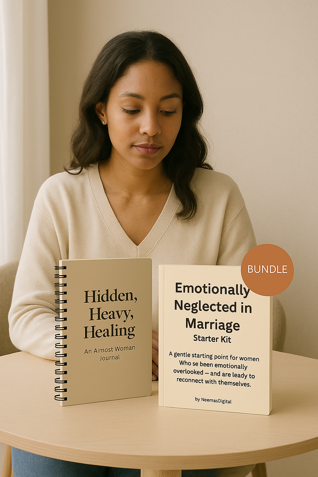 Woman sitting at a table with Hidden, Heavy, Healing journal and Emotionally Neglected in Marriage Starter Kit bundle by NeemasDigital — elegant beige minimalist setup for healing and self-rediscovery.