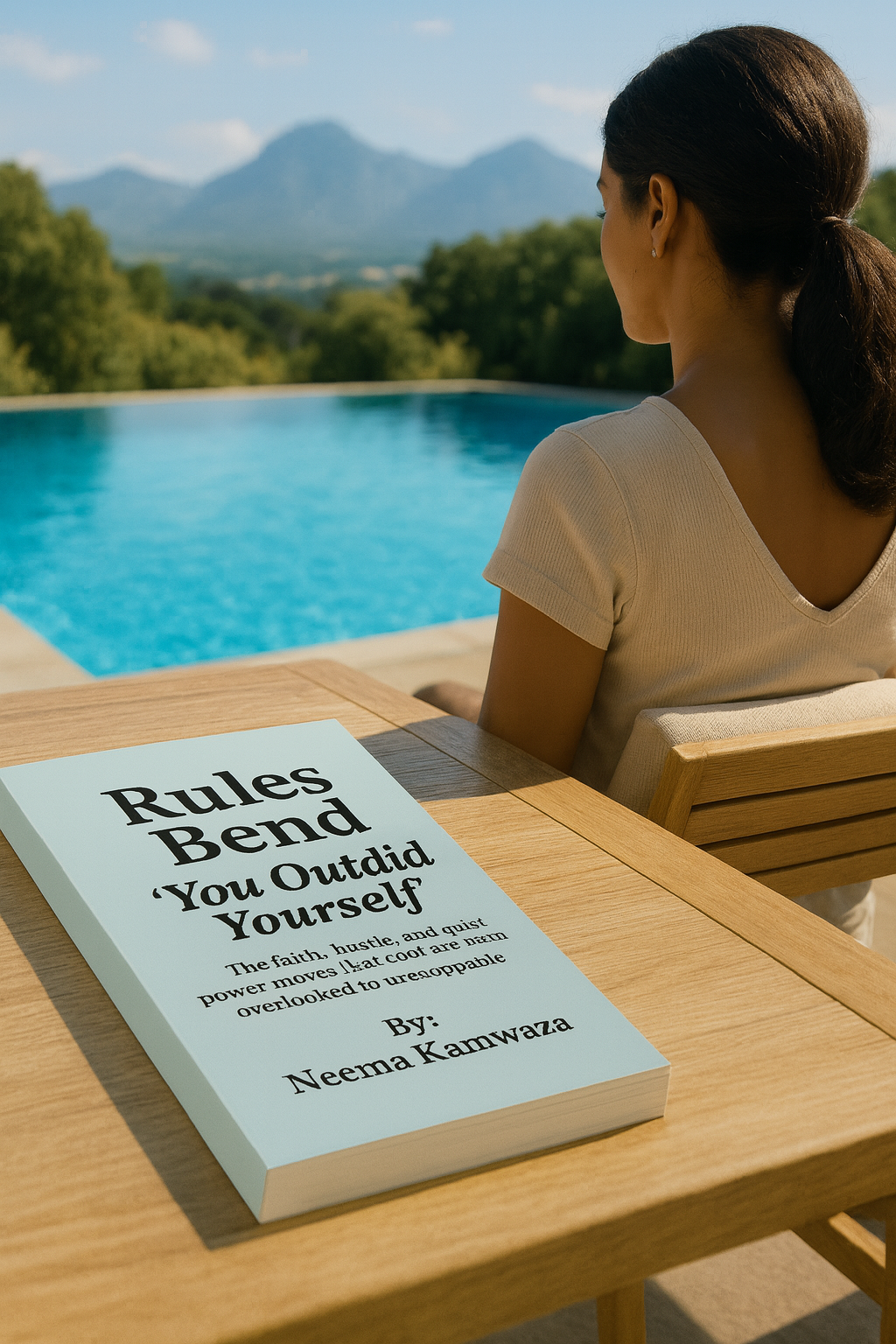Rules Bend eBook by Neema Kamwaza – flat on table by pool with glass of juice and mountain view