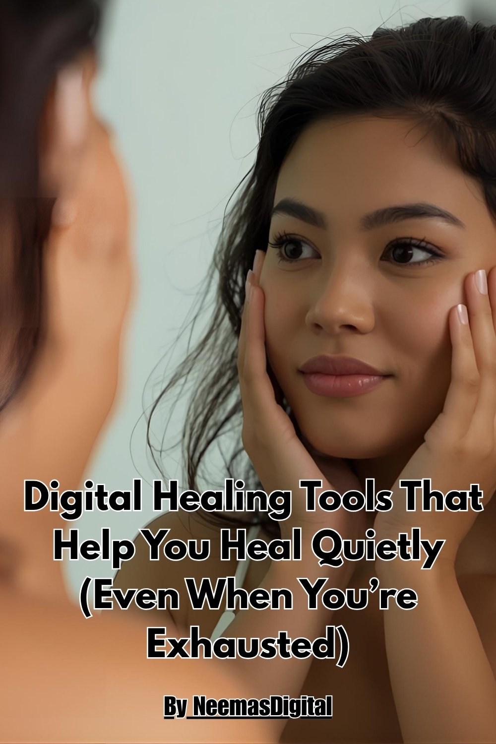 A calm woman looking in the mirror reflecting on her healing journey with digital healing tools, feeling peaceful and rested.