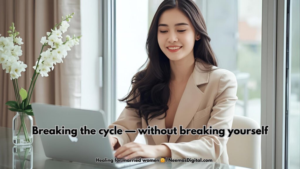 A calm woman smiling while working on her laptop beside white flowers, symbolizing emotional reflection and healing silence in marriage.