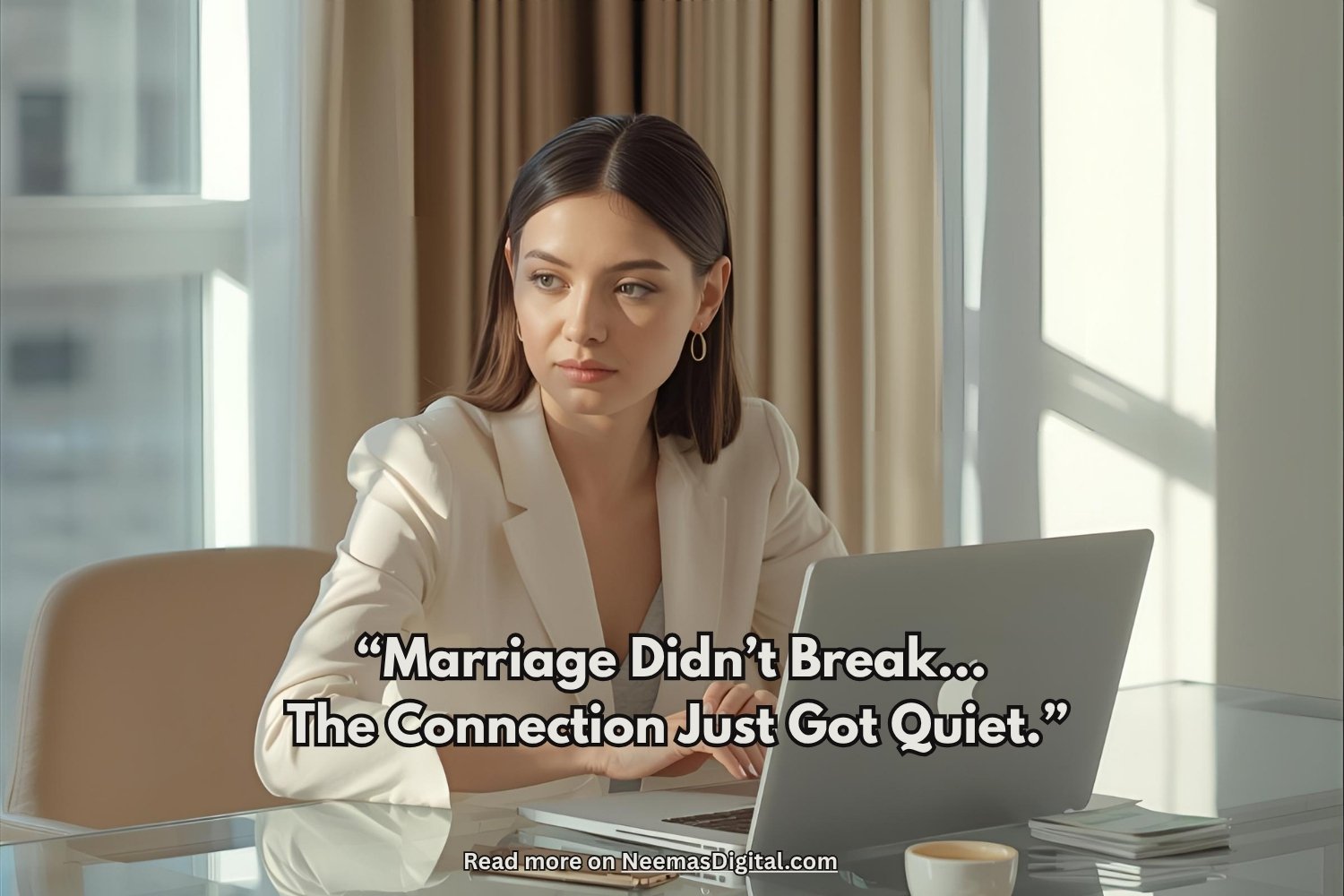 “A thoughtful woman working on her laptop, reflecting on emotional distance and how romance in marriage becomes quiet when life feels overwhelming.”