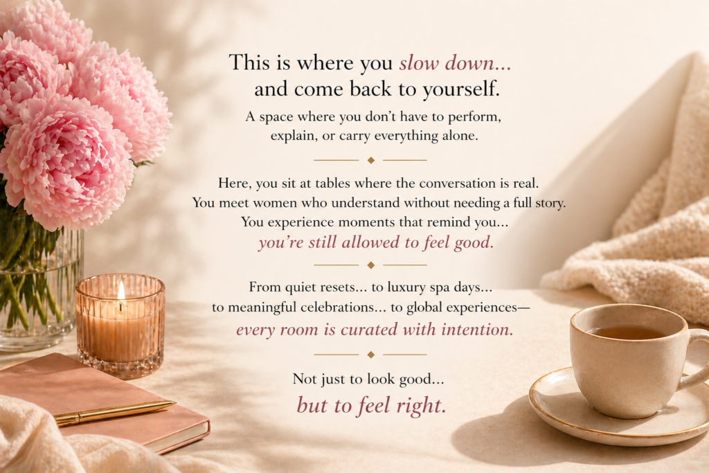 Soft life experience for women featuring a calm luxury setting with flowers, candle, and message about slowing down and reconnecting with yourself