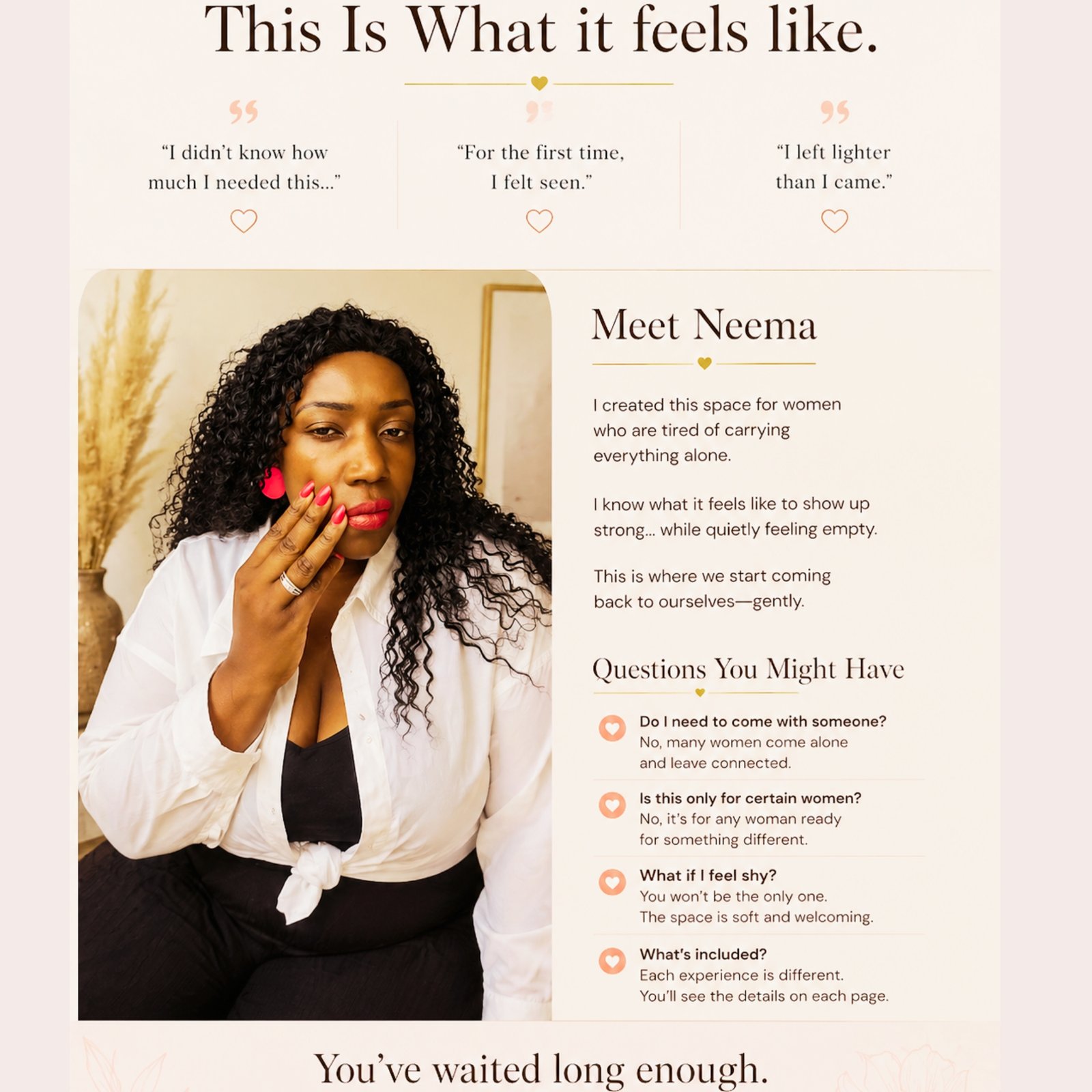 Neema sharing a safe space for women to slow down, feel seen, and reconnect through luxury experiences